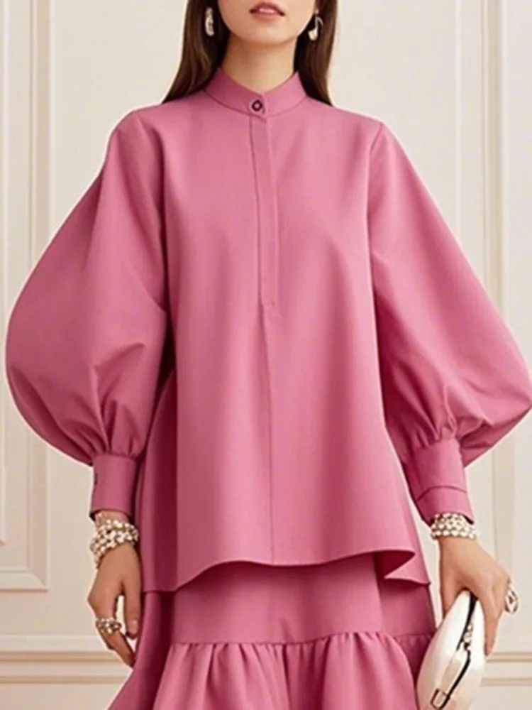 Gymystars Pink T-shirt for Women Fashion Puff Sleeves Tops New Luxury Loose Pleated Split-Joint Round-Neck Simple Y2k Blouses