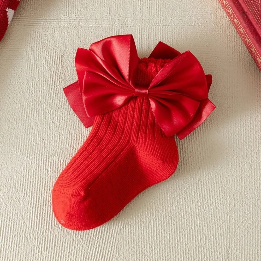 New Bow Calf Sock Red Green Cotton Princess Socks Christmas Hosiery Autumn and Winter
