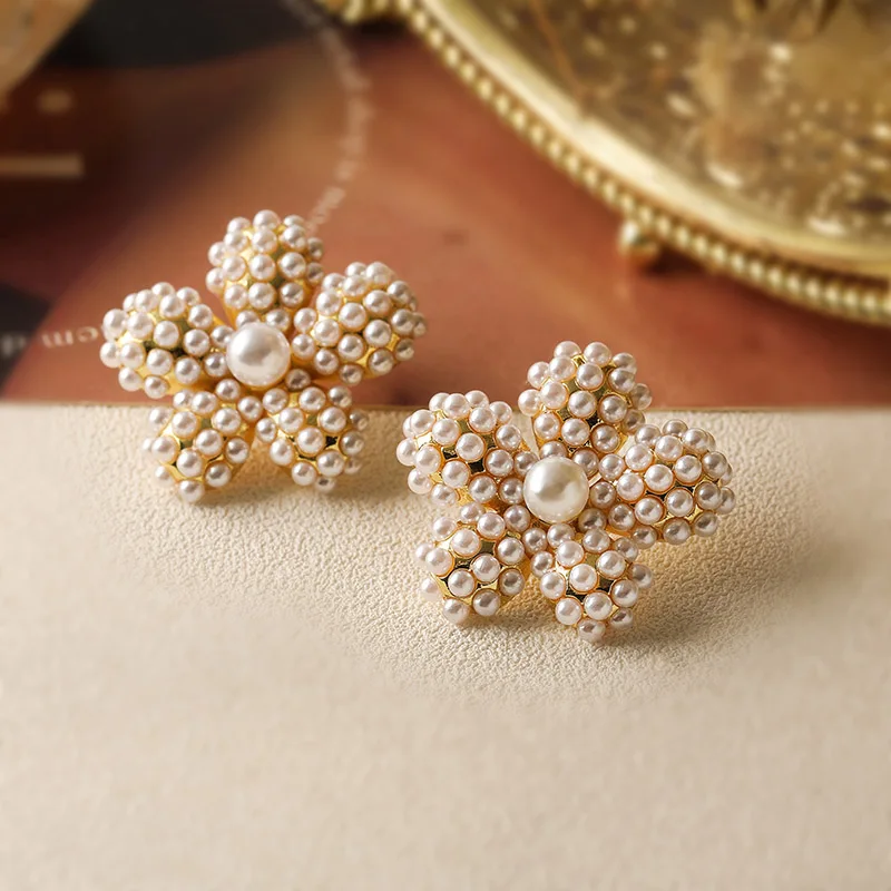 HECHENG, French Temperament Light Luxury Style Pearl Earrings Female Niche Design Senior Sense Of water Drop Bow Flower Petal