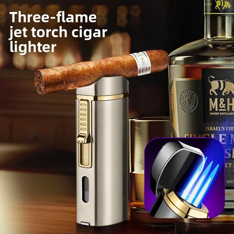

Новая ветрозащитная зажигалка 2026 года с тремя синими пламенями, прямым струйным пламенем, для сигар, высокотемпературная