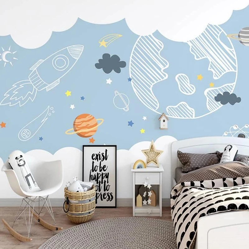 Custom 3D Wall Mural Nordic Hand Painted Minimalist Cartoon Space Kids Room Wallpaper Background Astronaut Planet Wall Decor