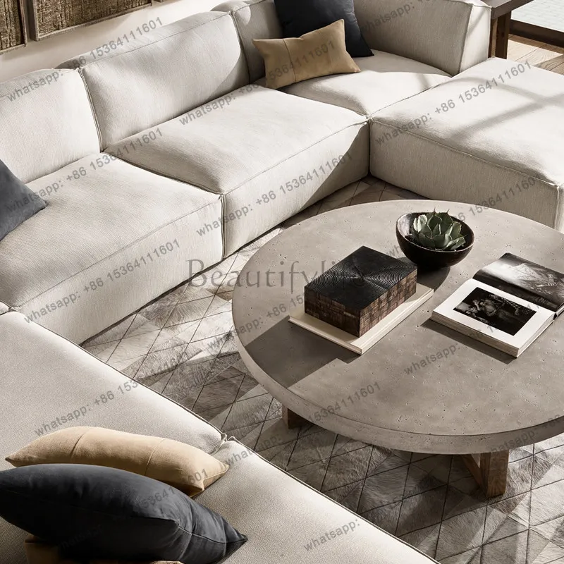 YJ American Simple Designer Imitation Cement Color Retro Coffee Table Round Side Table Solid Wood Living Room
