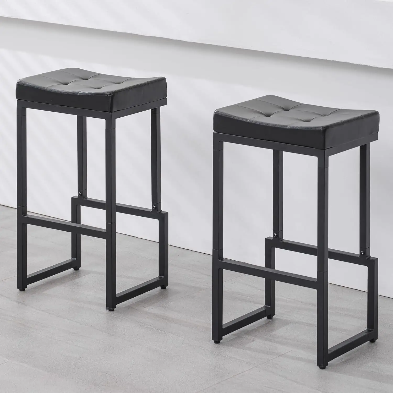 

Bar Stools Set Of 2, 28"" Counter Height Bar Stools, Faux Leather Barstools For Kitchen Island, Backl Stools With Metal Legs