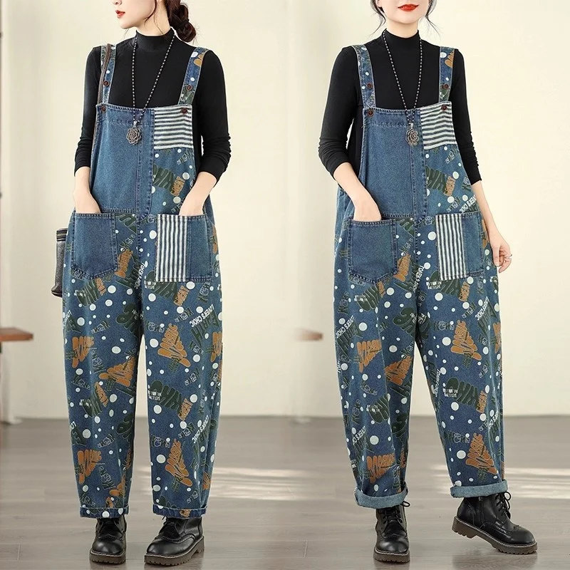 

Large Size Denim Overalls For Woman Printed Patchwork Fashionable Casual Versatile, Personalized Strap Jeans Jumpsuit w1660 ﻿