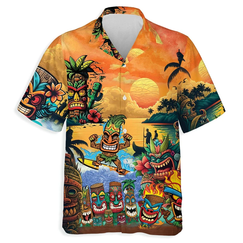 

New 3d Tiki Print Hawaiian Shirts For Men Retro Men's Shirt Loose Casual Male Clothing 2024 New Mens Fashions Short Sleeve Shirt