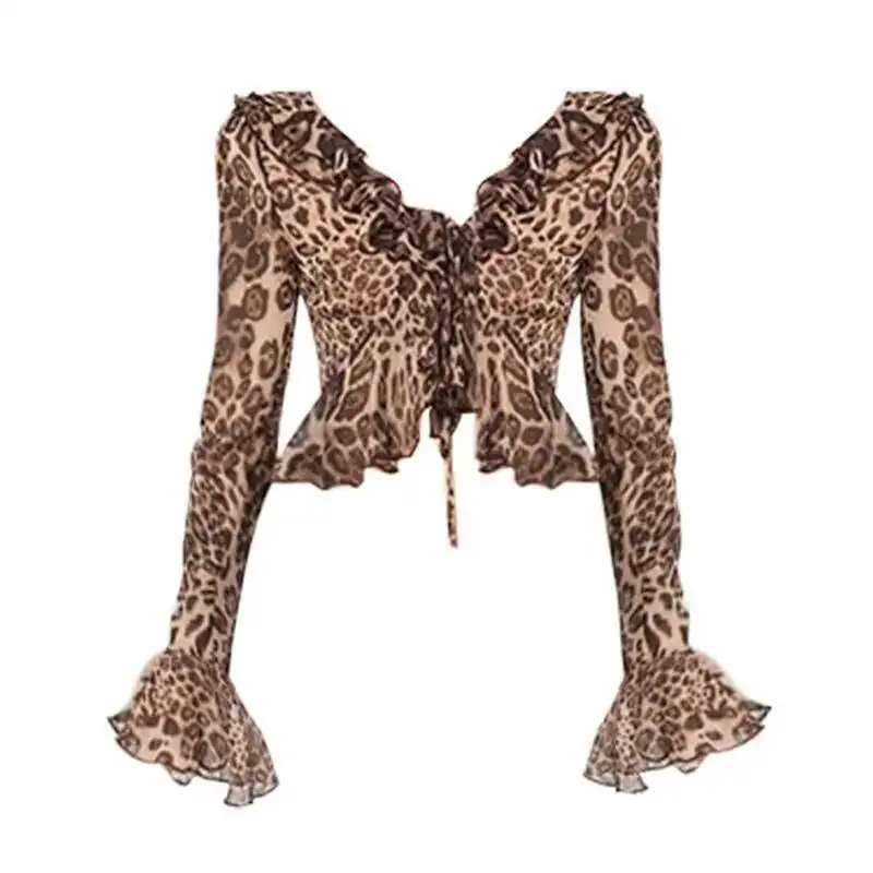 

Рубашки Spice Girls с американским леопардовым принтом, новые весенние рубашки с длинными рукавами и оборками на шнуровке, Blusas Slim Vent, европейские универсальные Mujer