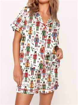 Quebra-nozes de Natal feminino impresso conjunto de pijama, camisa e shorts de manga curta, pijamas lounge 2 peças, 2024