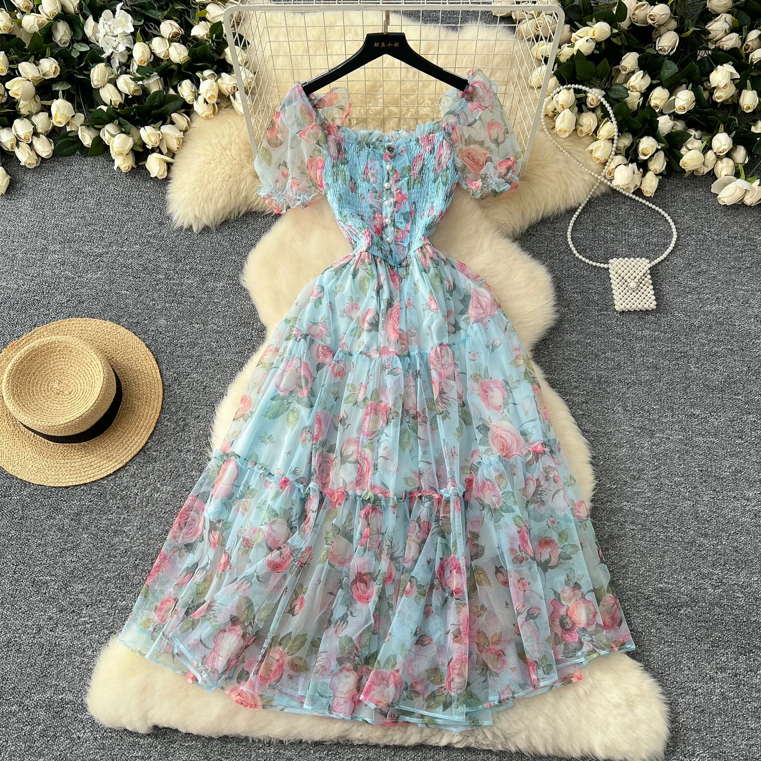 Elegant Slash Neck Vintage Short Puff Sleeve Chic Print Slim Chiffon Dresses French High Street Evening Autumn Mesh Clothing