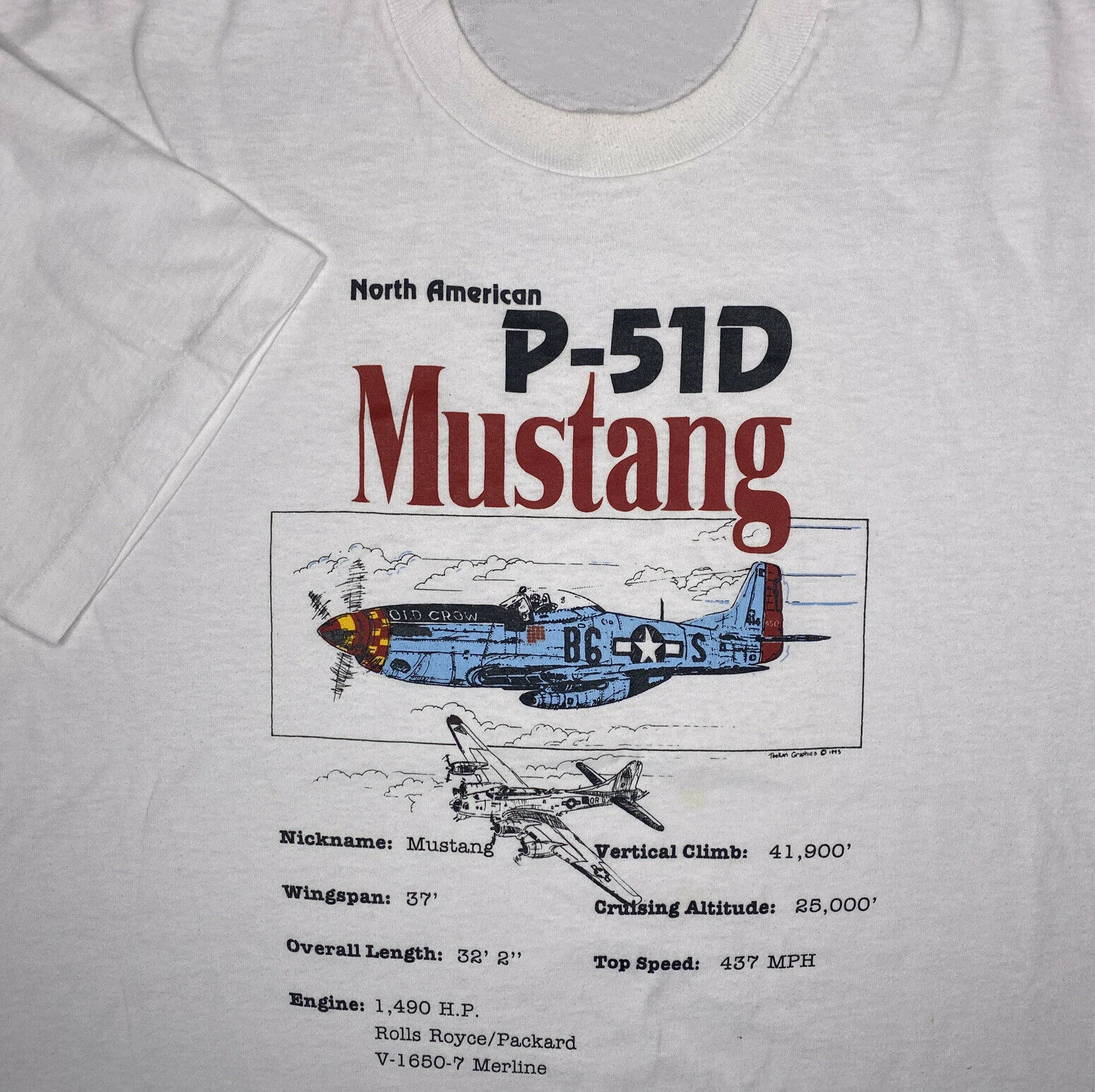 

Vintage Mustang P-51D T-Shirt North American 1993 Graphic Tee 90s Retro Men's 100% Cotton Casual T-shirts Loose Top Size S-3XL