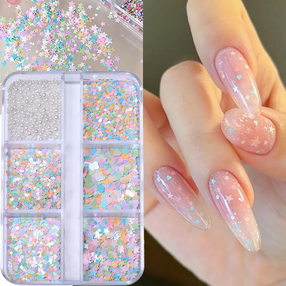 

6Grids Mini Star/Heart/Round Sequin Nail Charms 3D White Pearl Beads Mixed 1-3mm Colorful Paillette Nail Parts DIY Flakes Decora