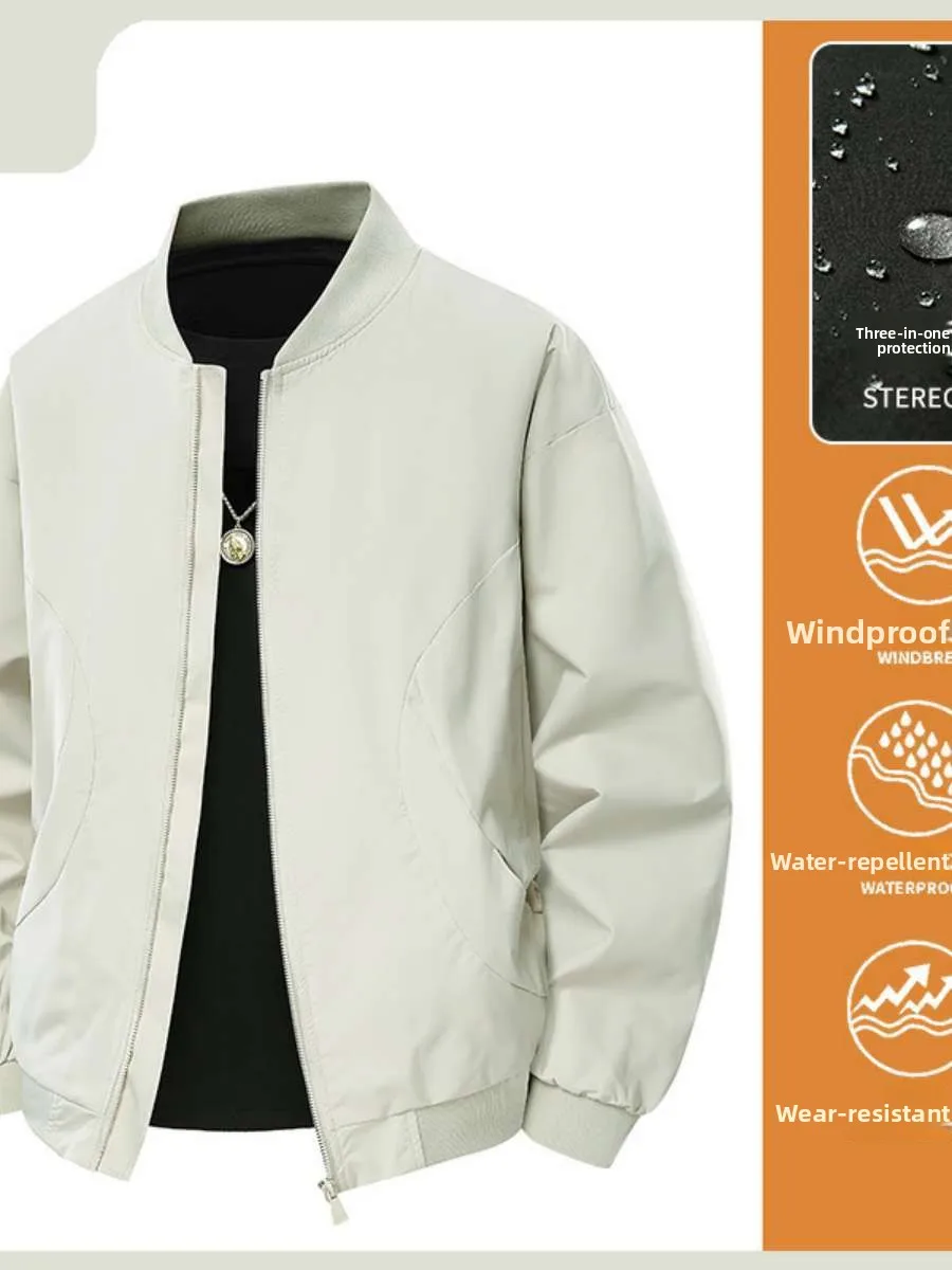 

Spring New Men's Casual Loose Coat Jaet Stand Collar Pure Color Polyester Fiber Thiened Youth Faion Outerwear