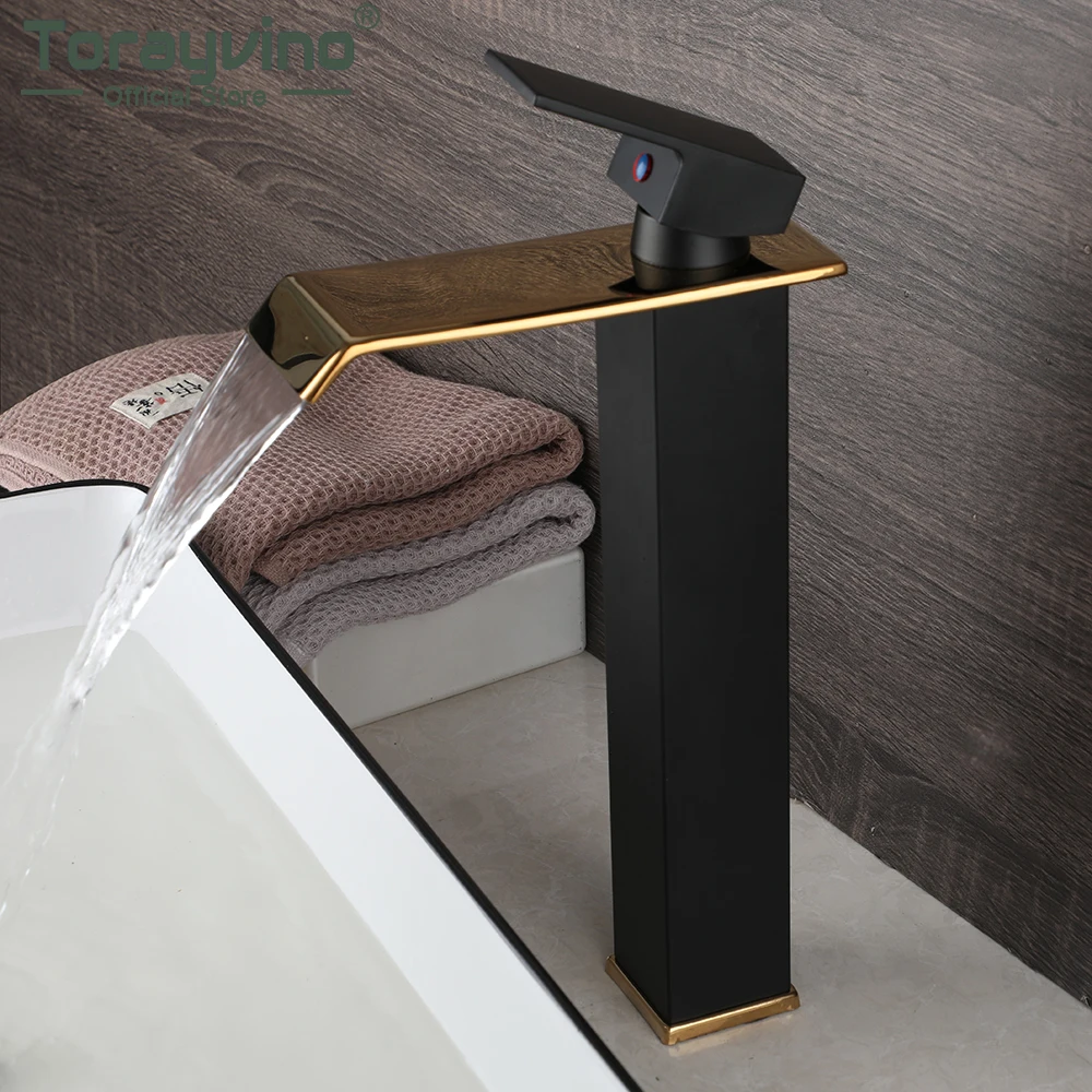 

Torayvino Black + Gold Bathroom Faucet Waterfall Spout Deck Mounted Vanity Washbasin Torneira Hot and Cold Sink Mixer Water Tap