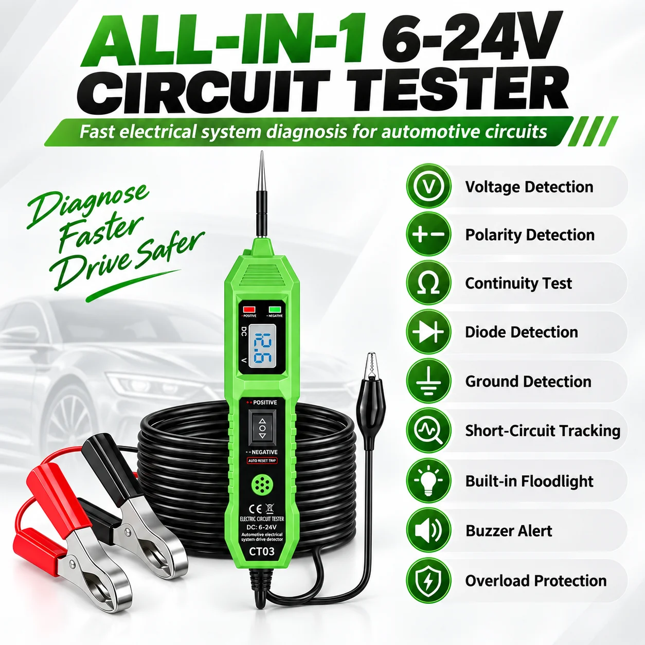 CT03 6-24V Automotive Circuit Tester, Digital LED Voltage Detector Pen with Buzzer Alarm, Car Electrical Test Probe for Wiring B