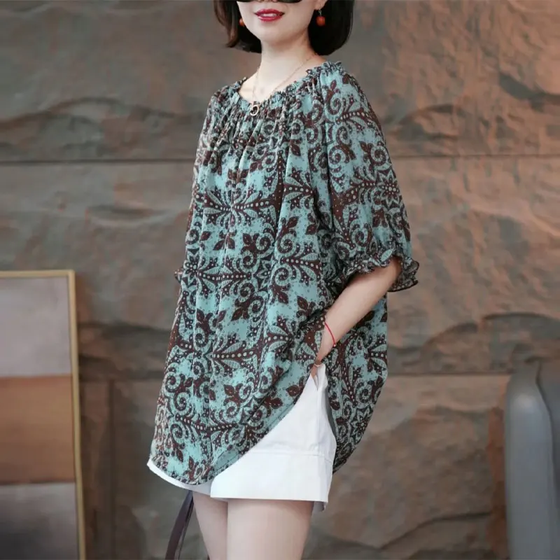 Summer Casual Loose Vintage Printed Midi Blouse Stylish Round Neck Female Clothing Commute Half Sleeve All-match Shirring Shirt