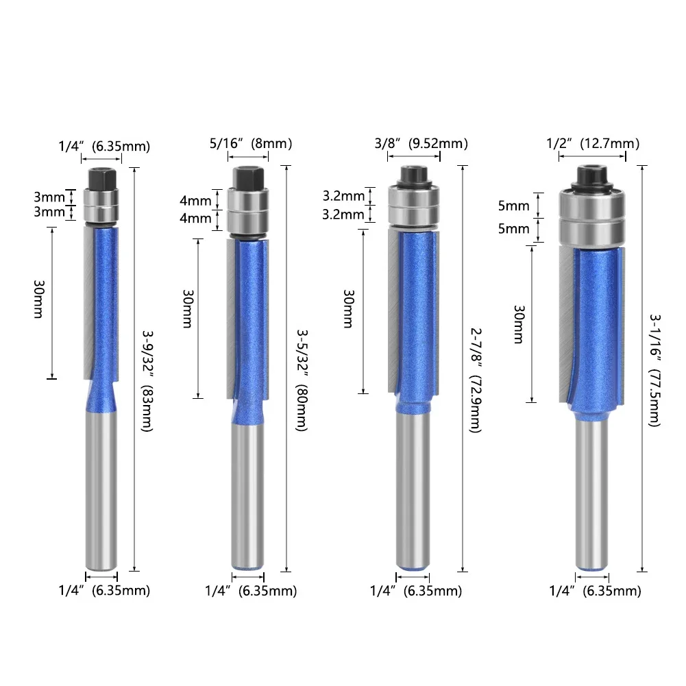 1/4PCS 1/4′′ 5/16′′ 3/8′′1/2′′ Router Bit 6mm 1/4′′ Shank Flush Trim Bit With Two Bearings Router Bits For Wood Trimming Cutters