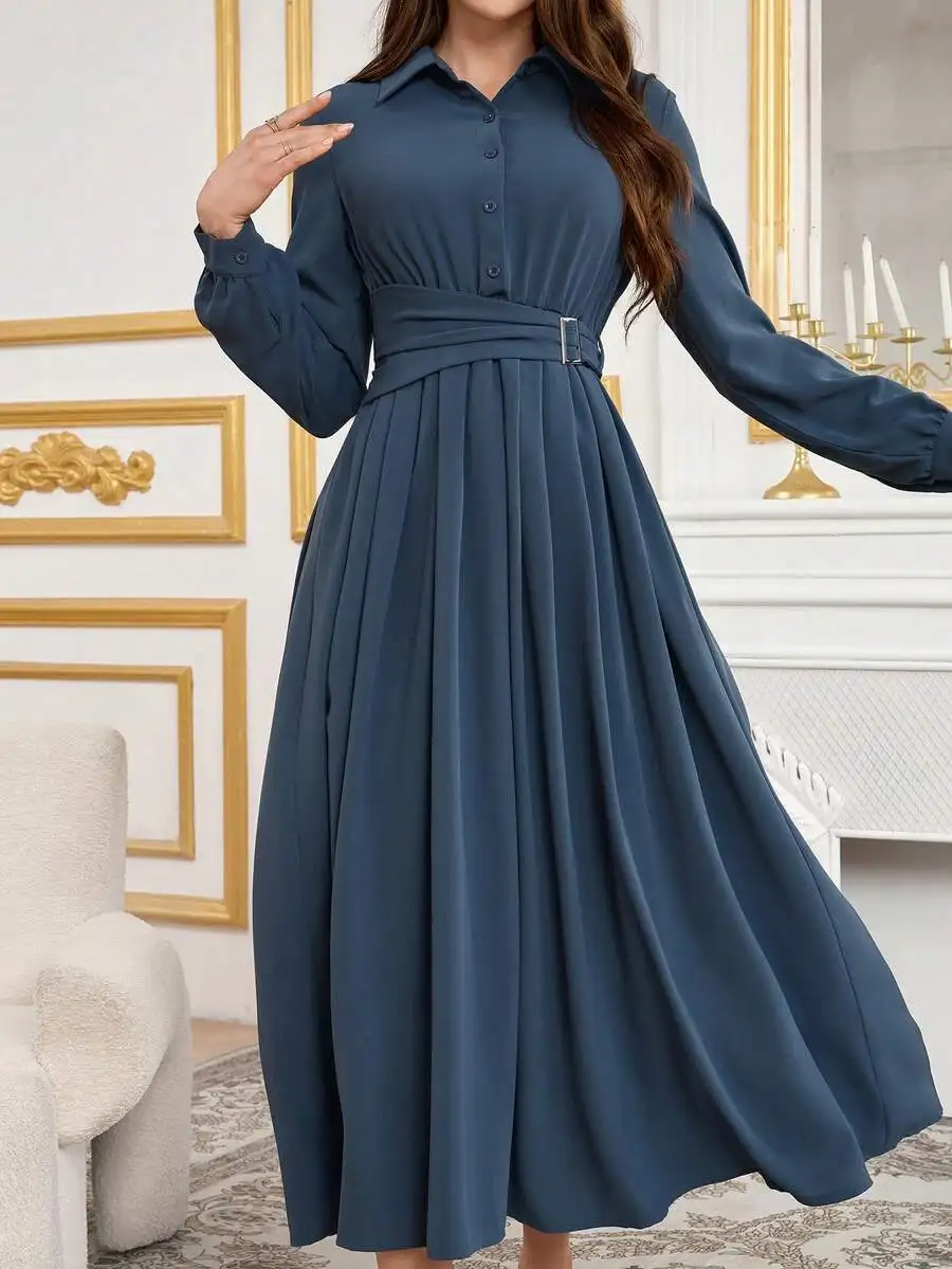 

Navy Blue Button-Front Belted Long Sleeve Modest Midi Dress