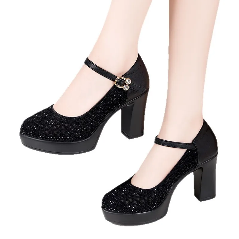 Elegant Mesh Crystal Genuine Leather Platform Pumps 6cm 9cm 11cm High Heels for Wedding Party Spring 2025 Block Heel Shoe Model