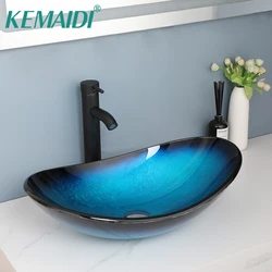 KEMAIDI Blue Tempered Glass Oval Vessel Sink Faucet Set Bathroom Solid Sink With Matte Black Hot Cold Water Faucets Mixer Drain