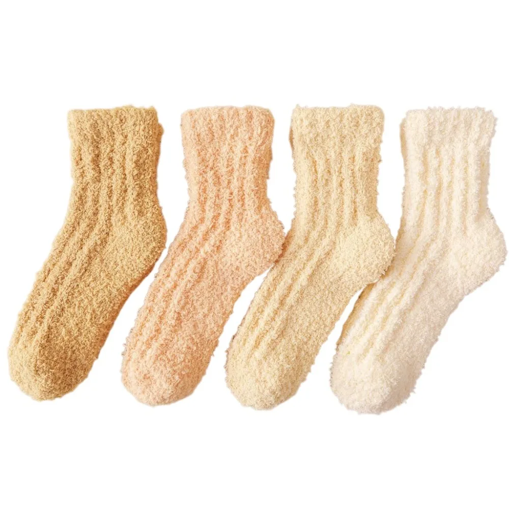 

4Pairs Thickened Coral Fleece Socks Winter Sleeping Floor Plush Socks Simple Hosiery Mid Tube Socks Women For Female Men
