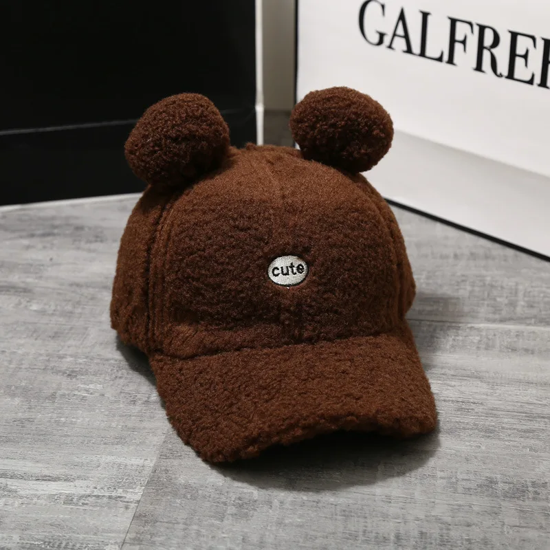 Winter Cap Wool Thicken Baseball Cap Women Cute Furball Ears Girls Solid Snapback Adjustable Hip-Hop Hat Visor 54-58cm Gifts