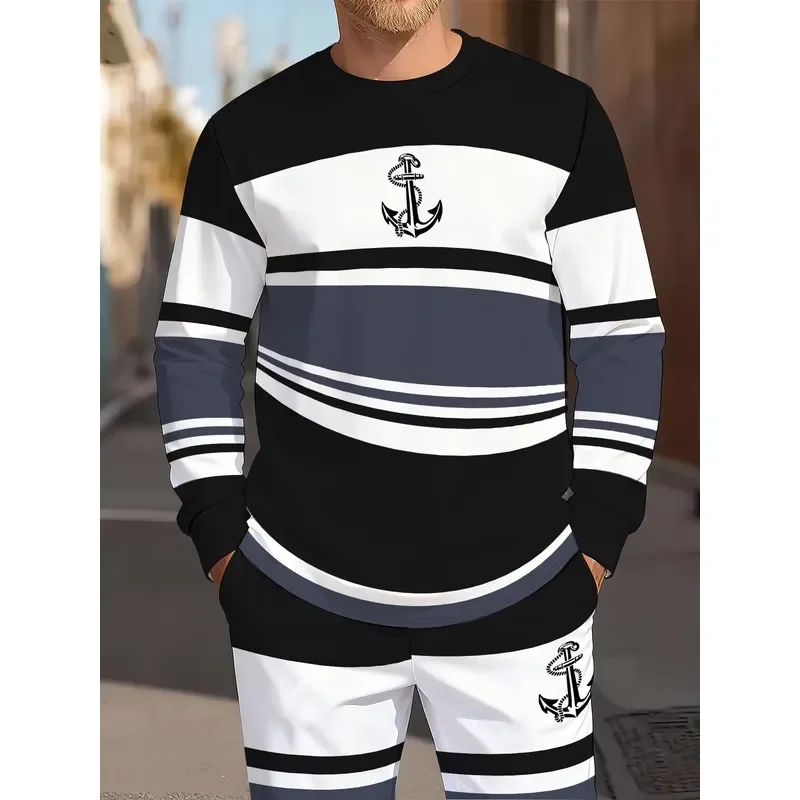 Men Round Neck Sweater Set 3D Anchor Pattern Printed American Street Casual Fashionable Autumn Winter New Style Clothing