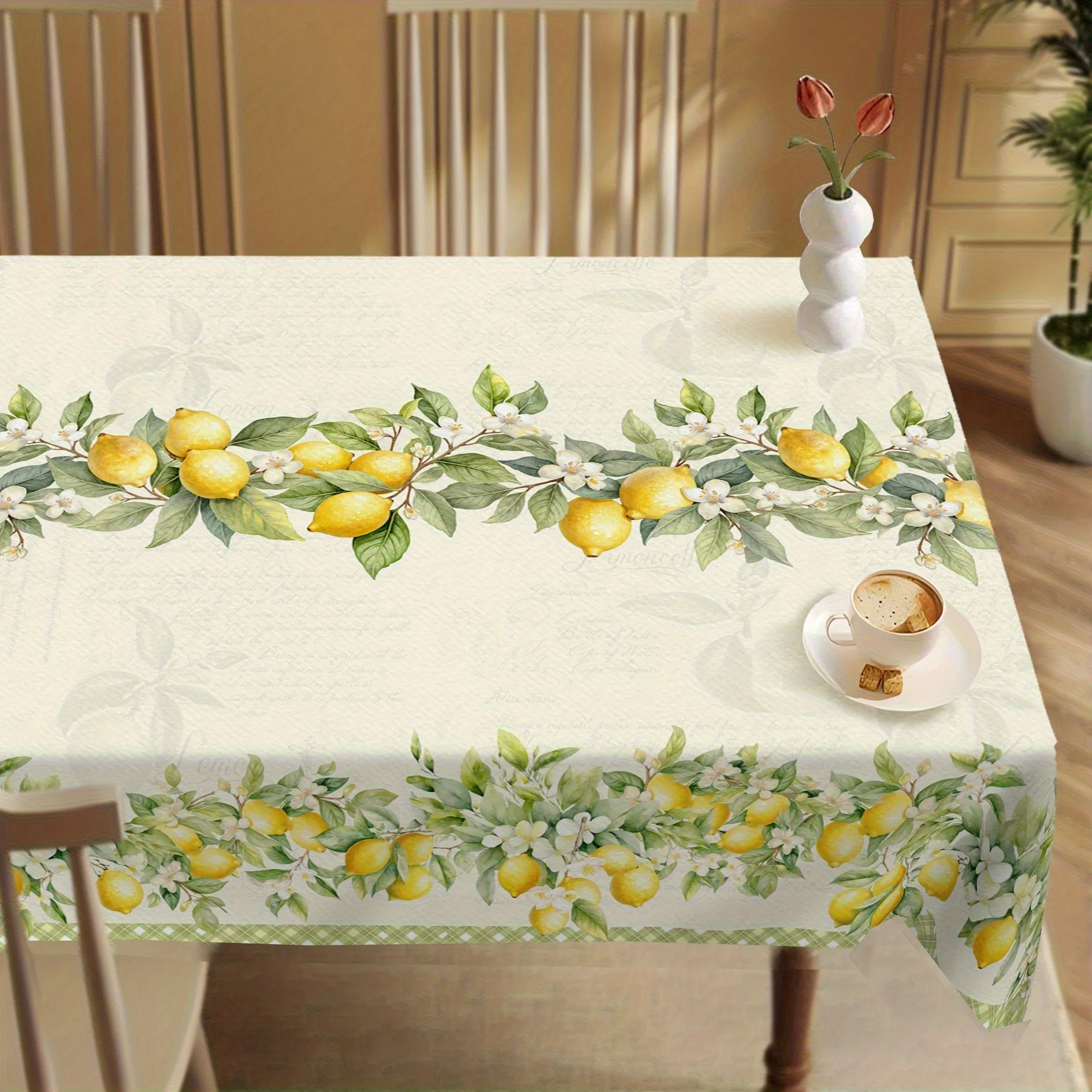 2D Flat Printing 1pc Lemon Tablecloth Suitable for Indoor/Outdoor - Lemon Floral & Lemon Rectangular Table Cover, Fabric for Spring Summer Parties, Dining, Lemon-Themed Decor, 2D Flat