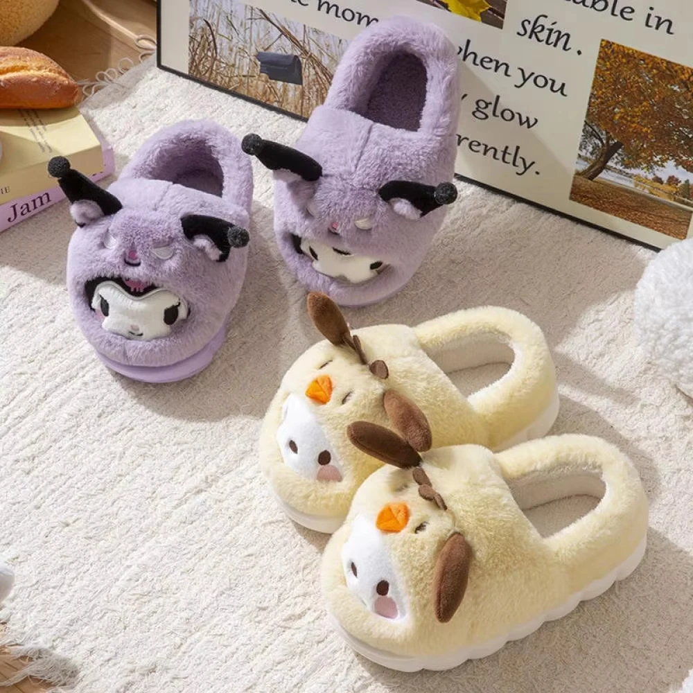 Anime inverno chinelos de pelúcia kuromi olá kitty cinnamoroll sanrioed kawaii dos desenhos animados bonito interior engrossar quente casa chinelos