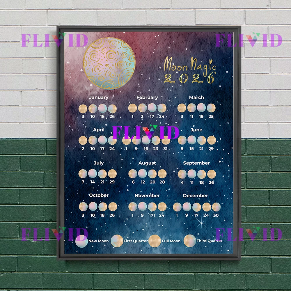 2026 القمر التقويم ويتشي غريموير صفحات الرسم على لوحات القماش الجدارية ، 2026 مراحل القمر التقويم ملصق فني طباعة ديكور المنزل غير المؤطرة