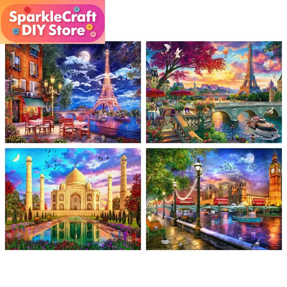 Peinture diamant sans cadre, paysage nocturne de rue de ville, 30x40cm, décoration de maison, broderie, paysage, pont, maison, art de la broderie, 1 pièce