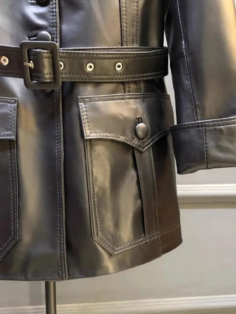 Punk Women Genuine Leather Jacket Autumn Single Breasted Slim Fit Retro High Street Real Sheepskin Medium Long Windbreaker Coat