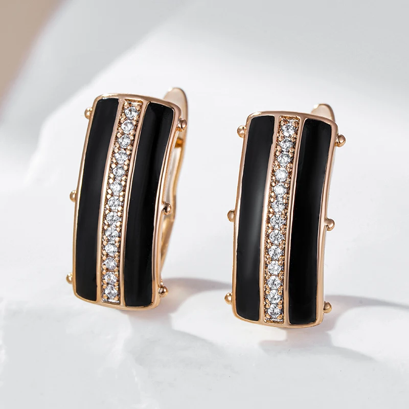 Kinel Black Enamel Square Dangle Earrings for Women 585 Rose Gold Color Natural Zircon Accessories High Quality Daily Jewelry