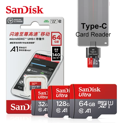 Imagen 2 del producto Tarjeta de memoria Original SanDisk A1 256GB 128GB 100MB/S 64GB 32GB tarjeta Micro sd Clase 10 UHS-1 Flash Microsd TF + lector de tarjetas tipo C