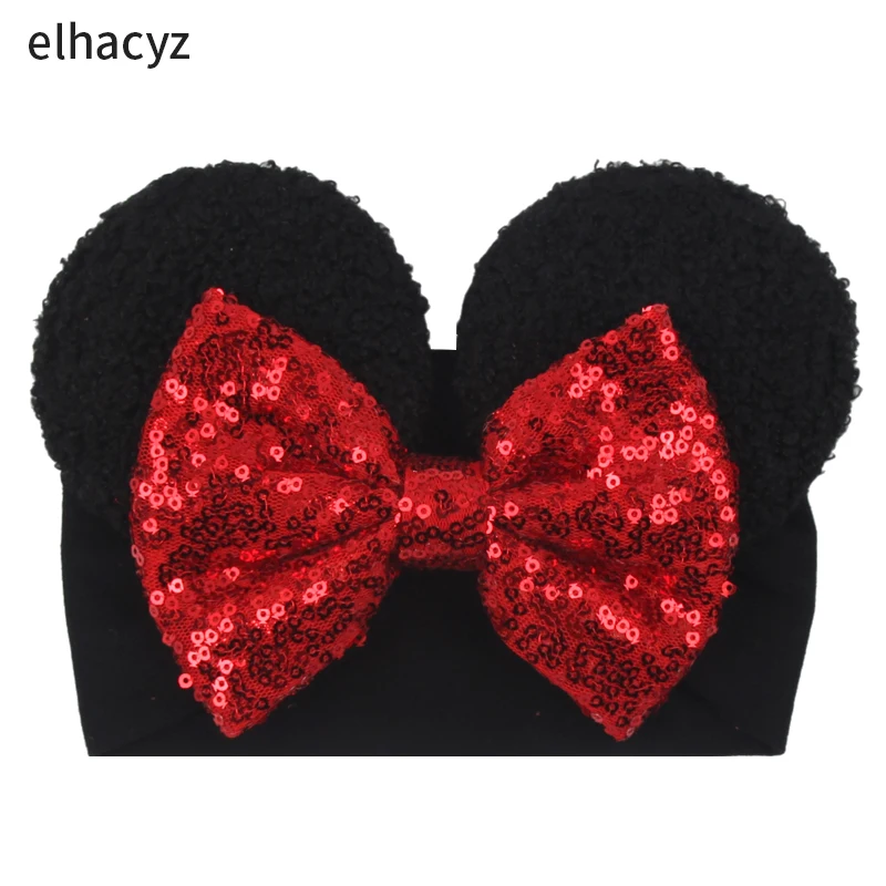 NEUE Mausohren-Baby-Stirnbänder für Mädchen, Prinzessinnen-Cosplay, Pailletten, 5 Zoll Schleifen-Kopftuch, Baby-Turban, Weihnachtsfeier, DIY-Haar-Accessoire – Detail 5