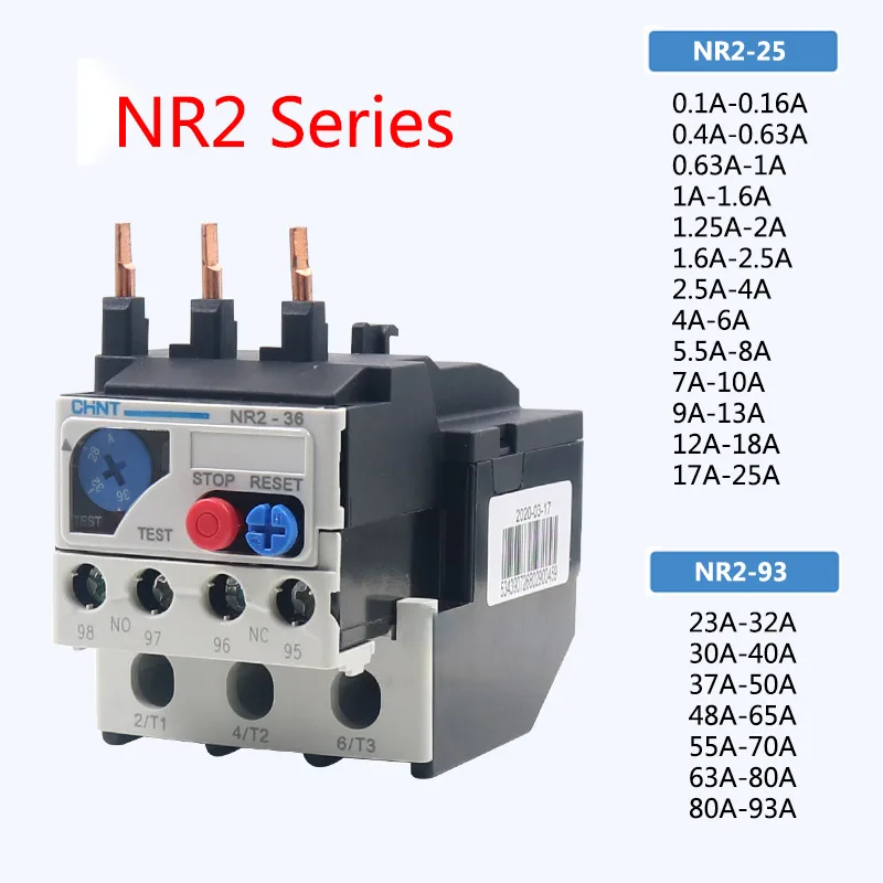 

NR2-25/36/93 Relay 0.1A-0.16A 0.4A-0.63A 0.63A-1A 1A-1.6A 1.25A-2A 1.6A~93A Thermal Overload Relay for CJX2 Series AC Contactor