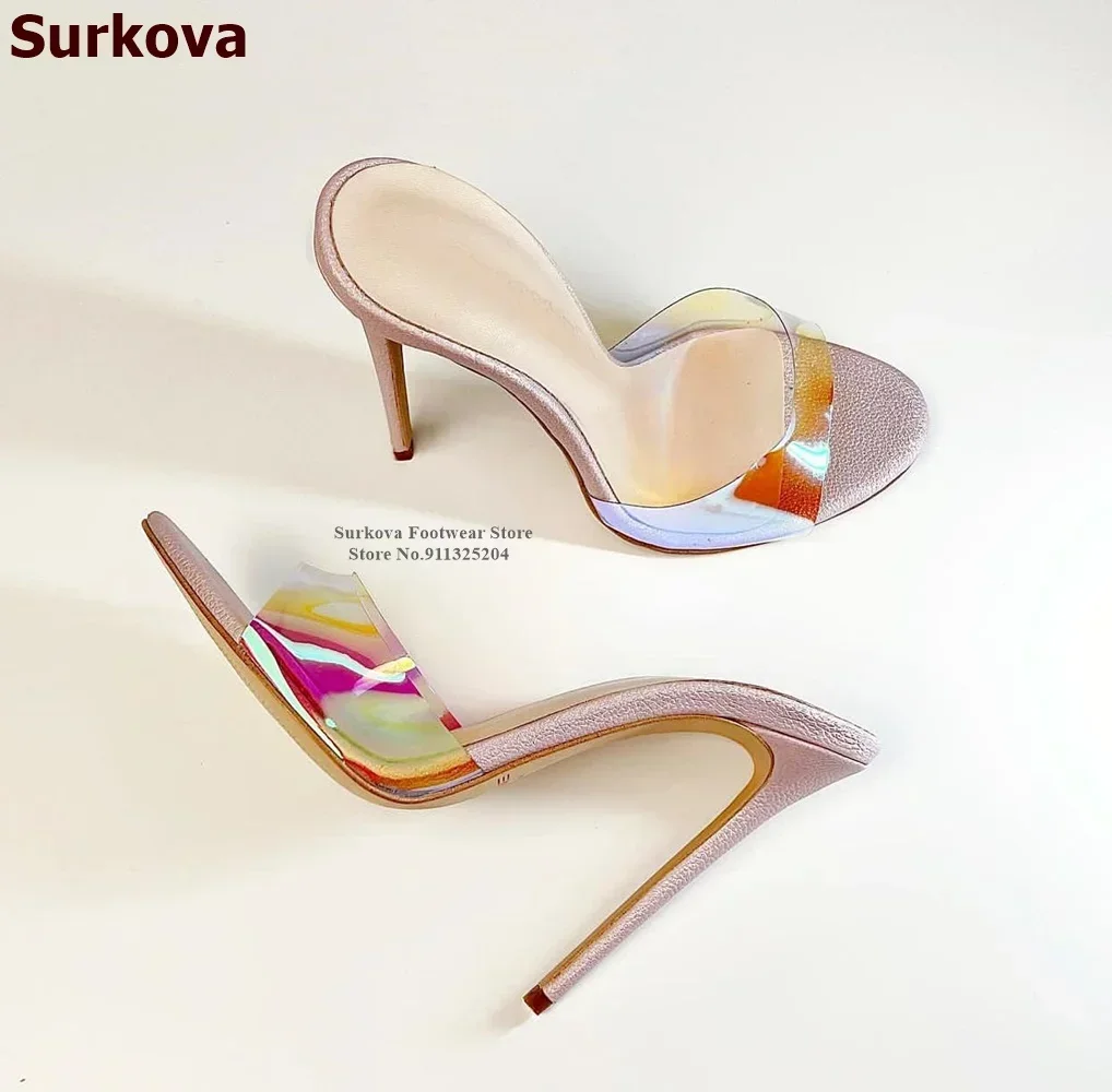 Surkova Ladies Sexy Fuchsia Snakeskin High Heel Slippers Sky High Slip On Summer Dress Shoes Hologram Iridescent PVC Pumps