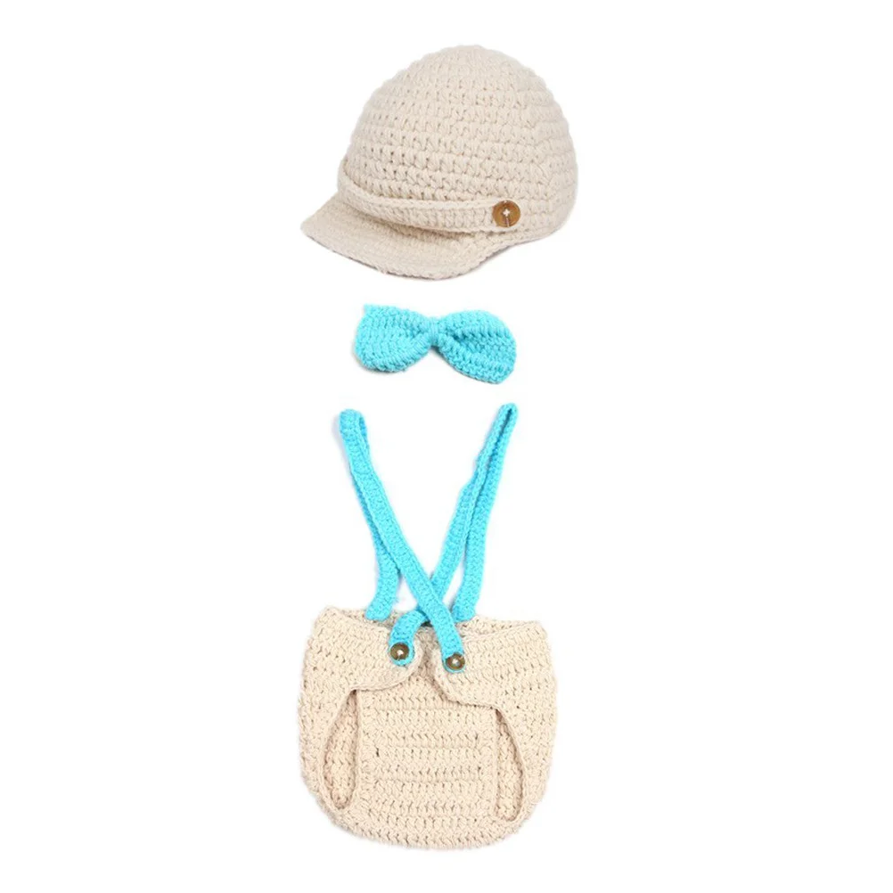 

0-9 Months Cartoon Crochet Costume Set Eco-Friendly Wool Photography Props Handmade Hat Bowknot Underpants Included