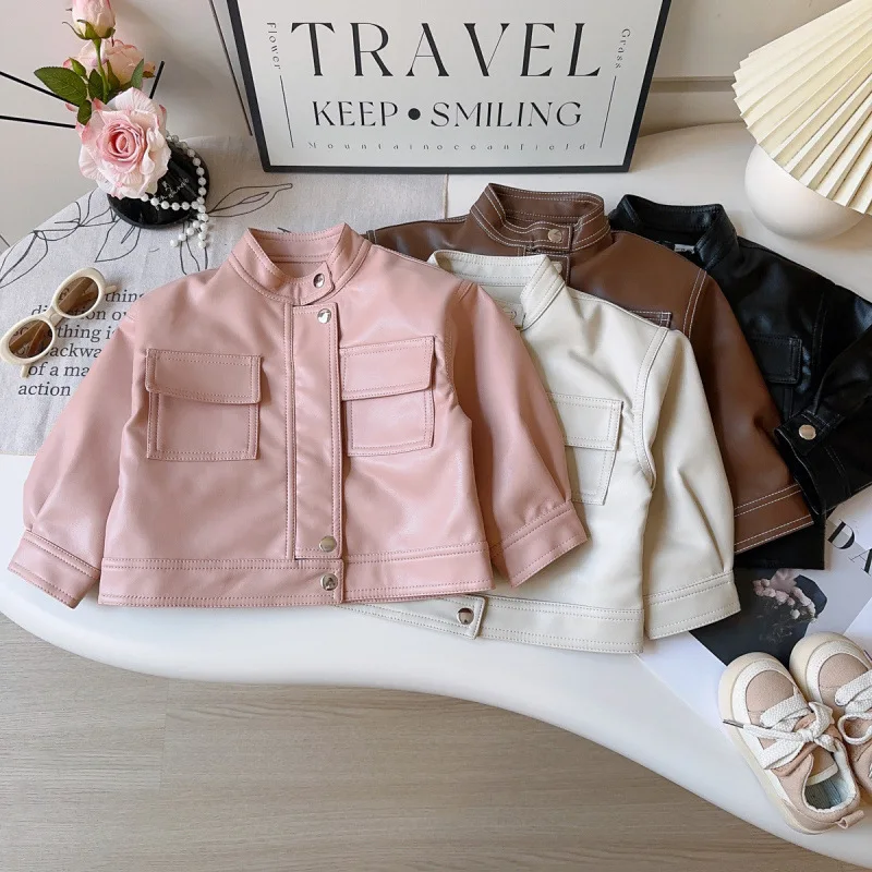 

Children's Leather Jacket New Spring and Autumn Girls' Fashionable Long Sleeve Leather Jacket Long Sleeve Children's Jacket