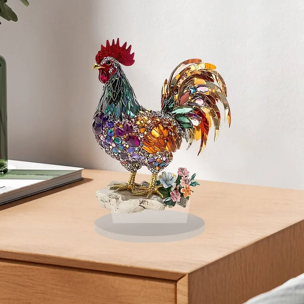 Acrylic Rooster Figurine Multicolor Detachable Base Rooster Ornament Freestanding 2D Flat Rooster Desk Decoration