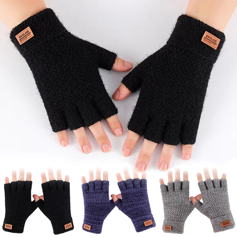 

Winter Fingerless Gloves Men Solid Half Finger Writting Office Knit Wool Glove Warm Thicken Elastic Driving Touchscreen Gloves