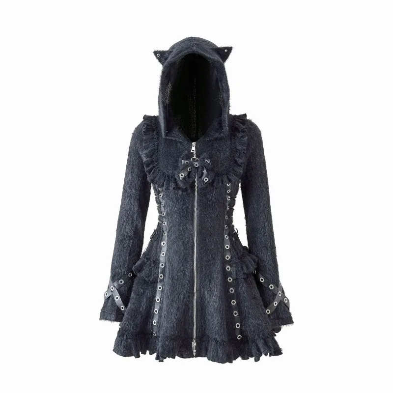 Japanese Lolita Cat Ear Hooded Plush Zipper Dress Waist Cinching 3D Decorative Bow Tie Strap Dresses Y2k Long-sleeves Vestidos