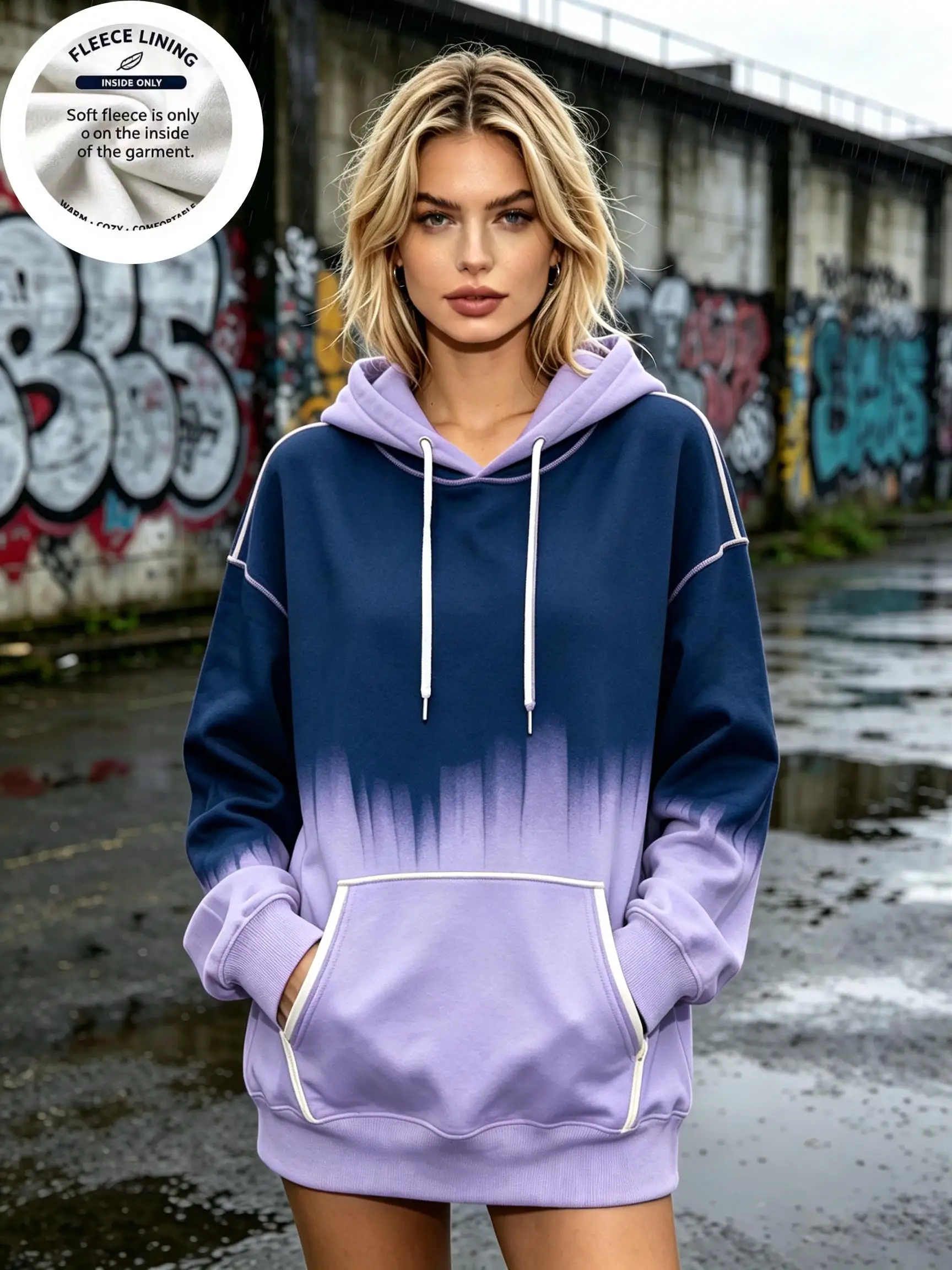 Women Fleece Hoodie, Ombre Gradient Color Hooded Sweatshirt, Contrast Stitching Streetwear Pullover