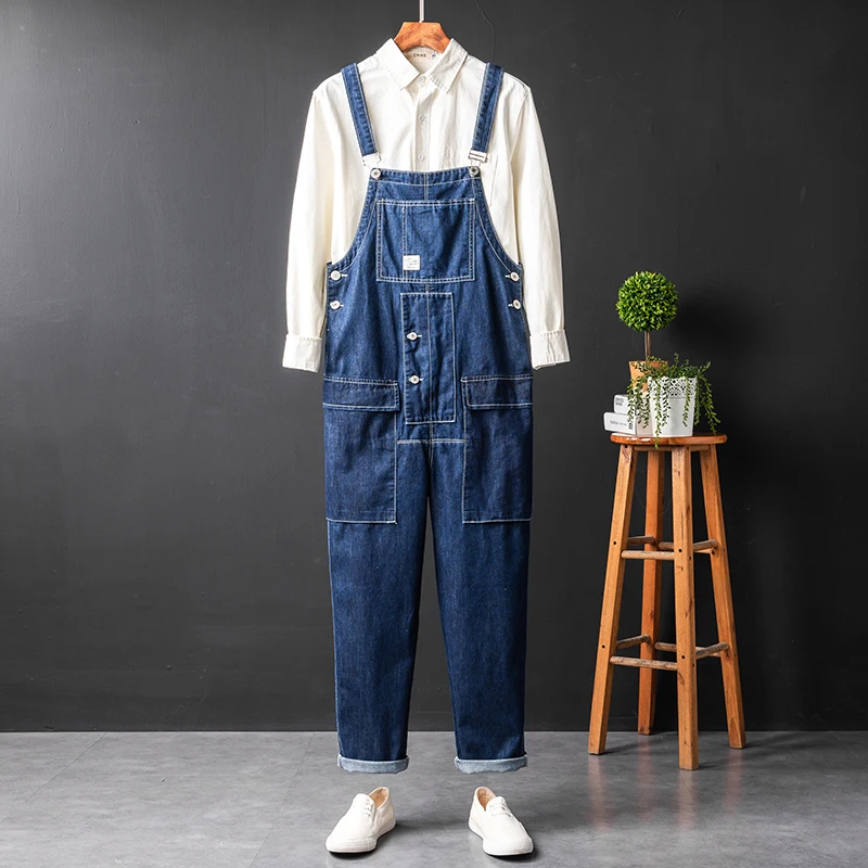 

Американские ретро-джинсовые комбинезоны свободного кроя с большими карманами, прямые штанины, рабочая одежда, мужские цельные джинсы синего цвета