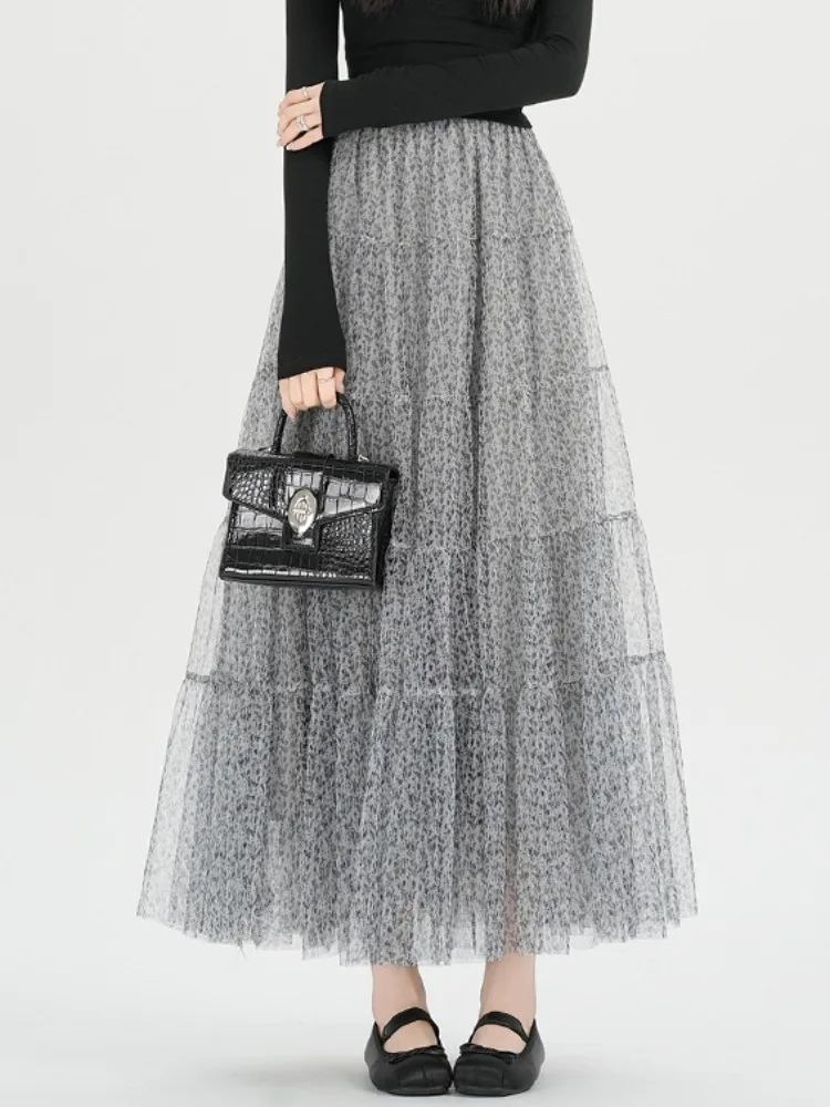 

Ретро-юбка А-силуэта с цветочным принтом и сетчатыми вставками, плиссированная, женская, средней длины, с высокой талией, драпированная, на все тело, весна-лето 2026