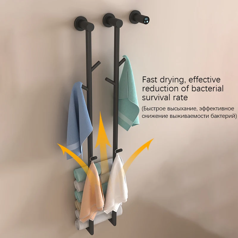Black Electric Heated Towel Rail Hidden Installation Temperature Timing Control Fast‑Drying Bathroom Towel Warmer Rack
