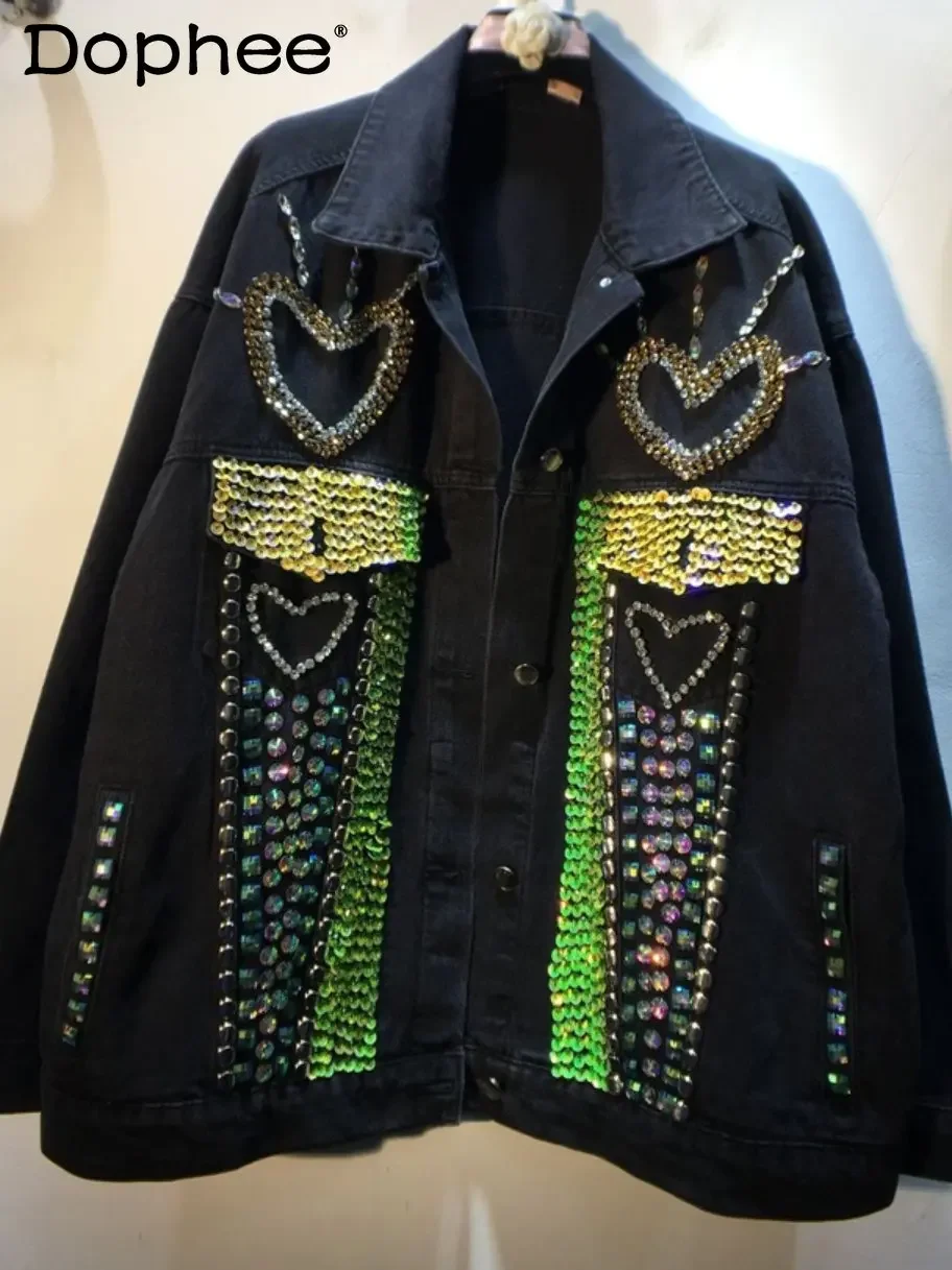 

Exquisite Rhinestone Beaded Sequins Black Denim Jacket Women's Loose Slimming Lapel Jeans Jacket Female 2022 New Autumn Clothing