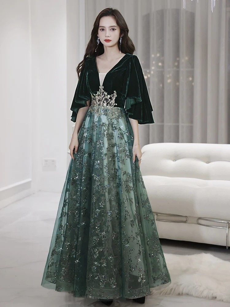 Luxury Green Velvet Evening Dresses Long Elegant V-Neck Floor-Length Sequin Tulle Women Formal Gowns For Special Occasion