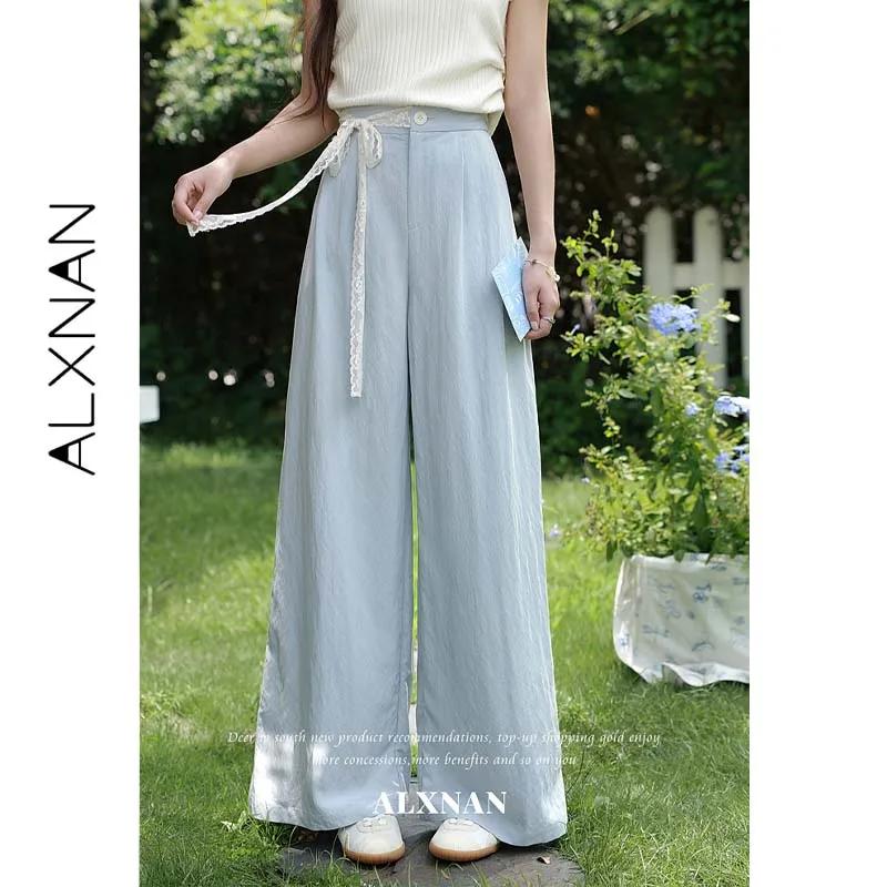 ALXNAN Blue Linen Wide Leg Pants Women Summer Lightweight Loose Lace Tie High Waist  Straight Casual Female Long Trousers L66119