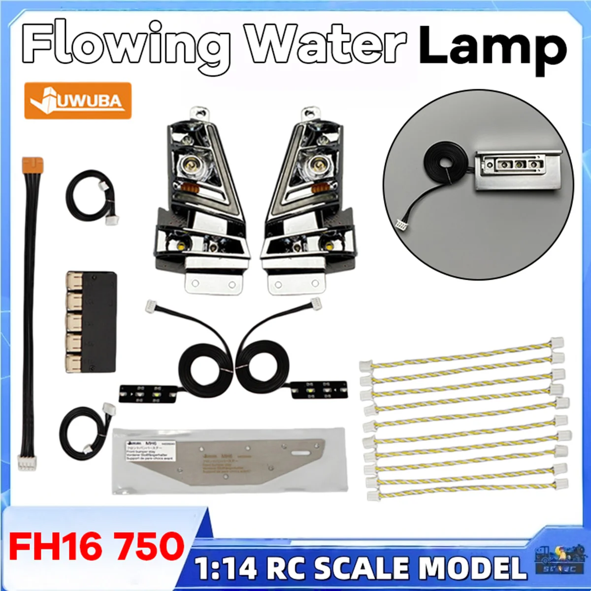 FH16 750 Flowing Water Lamp Lighting System LED Headlight 4-in-1 For 1/14 Tamiyaa RC Truck 56362 56360 VOLVOO Toy Model Parts