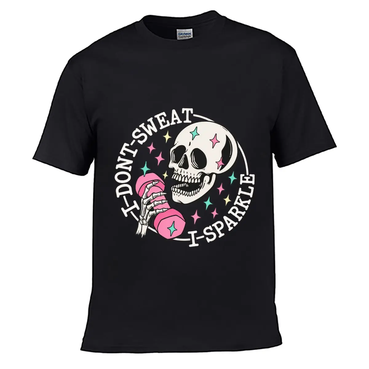 Colorful Skeleton Skull Holding Pink Dumbbell With Sparkling Stars Loose T-shirt Casual Tee