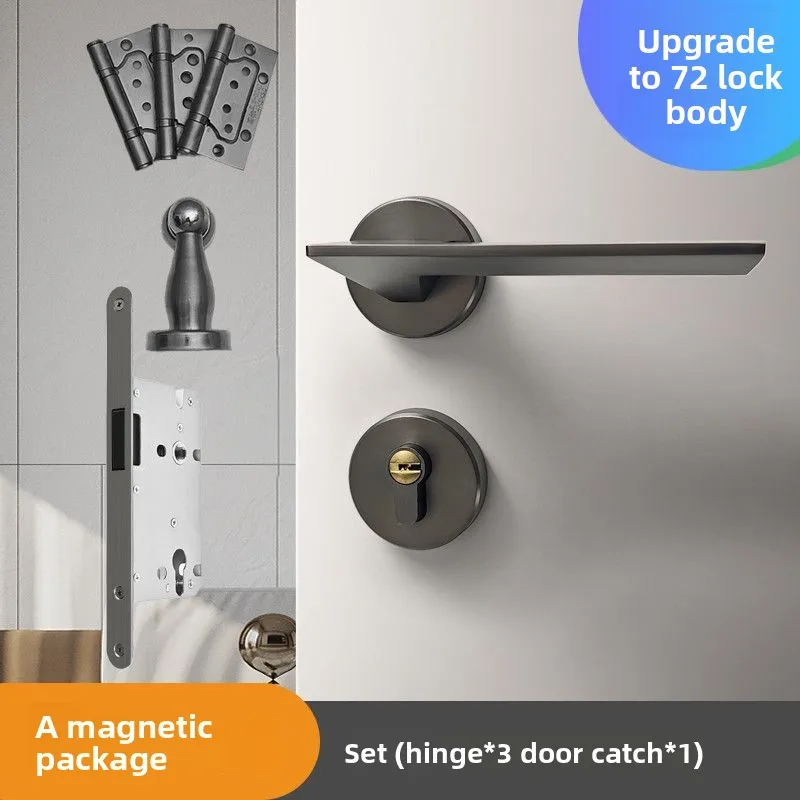 Nordic minimalist gray magnetic split bedroom door lock set, silent design fitted with hinges and door catch